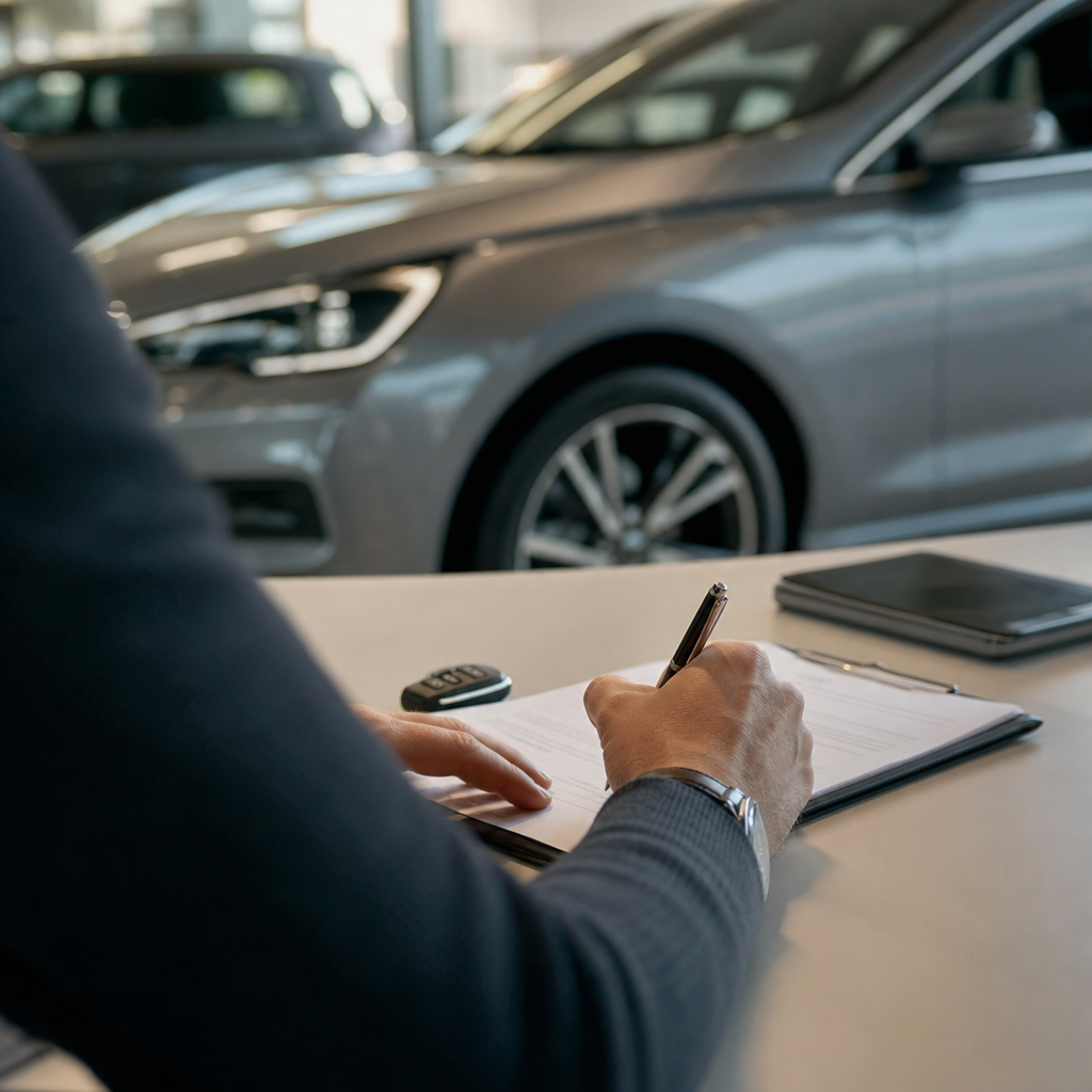 Person signing car loan documents in car showroom