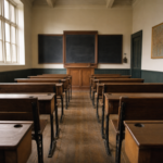 Wooden school desks classroom